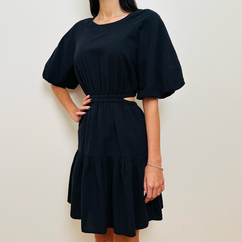 Madewell Seersucker Puff Sleeve Cutout Mini Dress Black